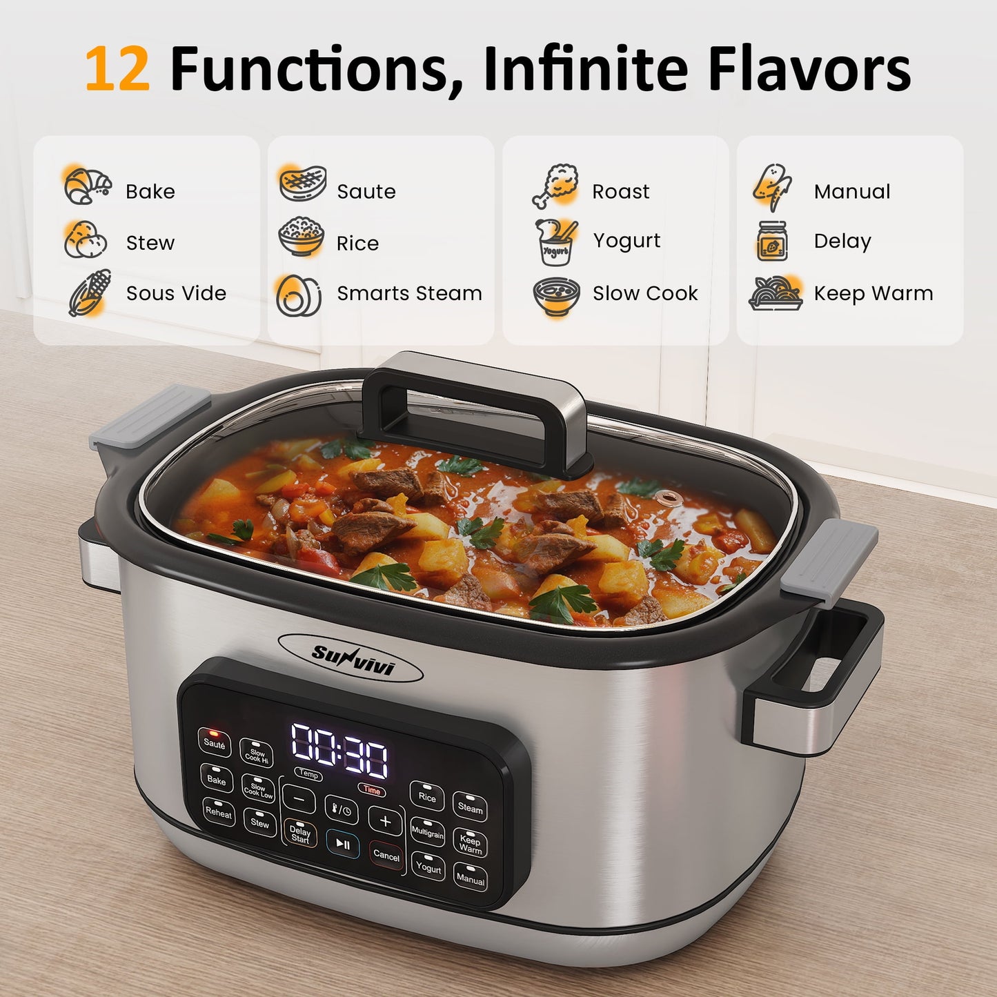 Sunvivi 6.5QT 12-in-1 Programmable Multi Slow Cooker, Food Warmer Pot with Digital Timer, Temp Control