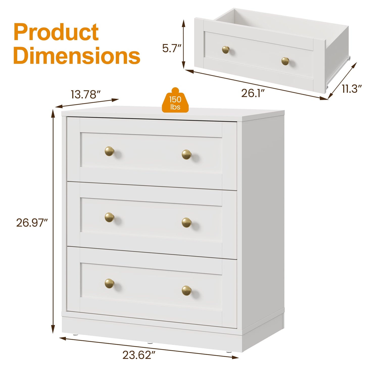 May in Color 3 Drawer Nightstand, Modern Wood End Table with Gold Knobs, White