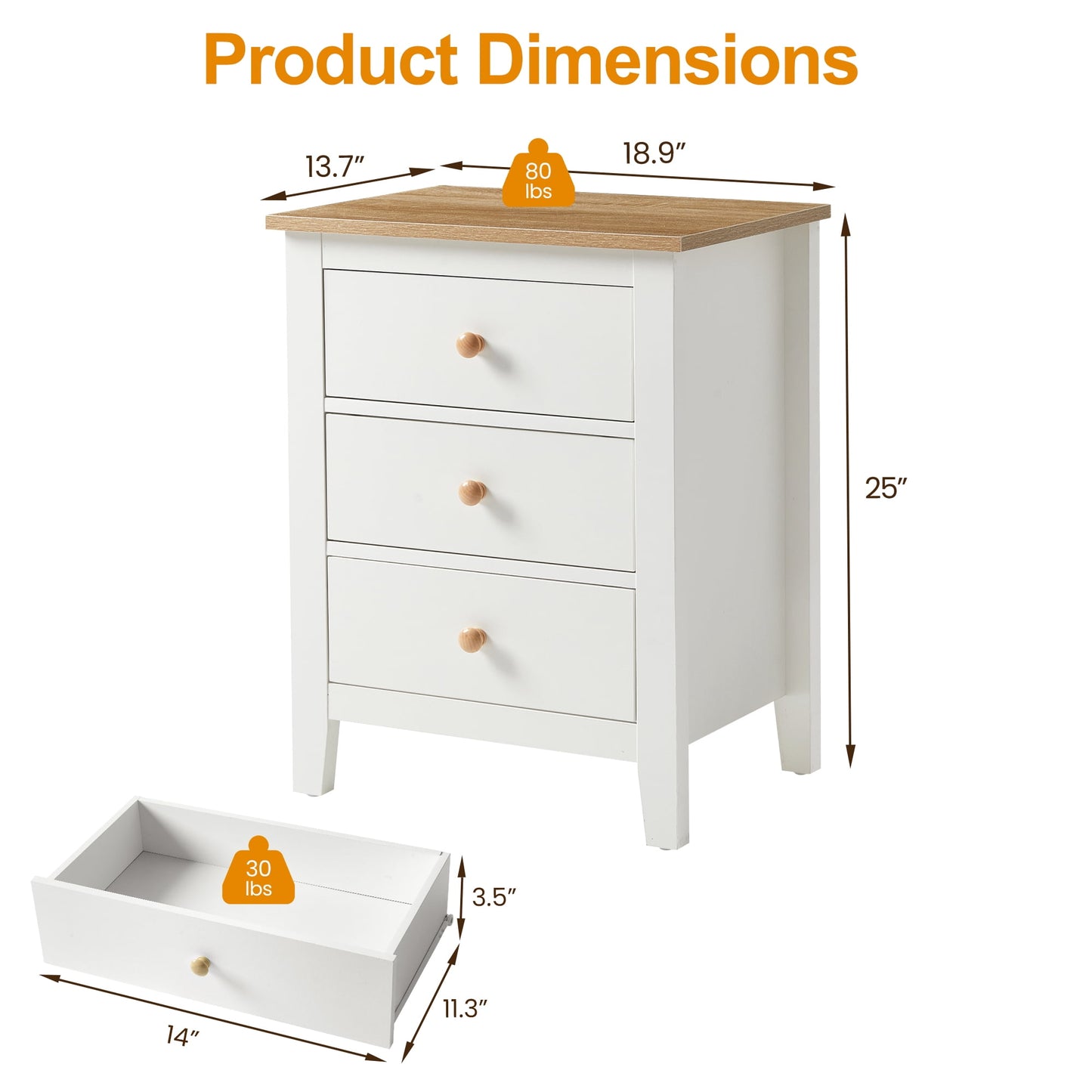 May in Color Tall 3 Drawer Nightstand Set of 2, Modern Bedside Table with Solid Wood Knobs, Wood Side Table for Bedroom, Living Room, White