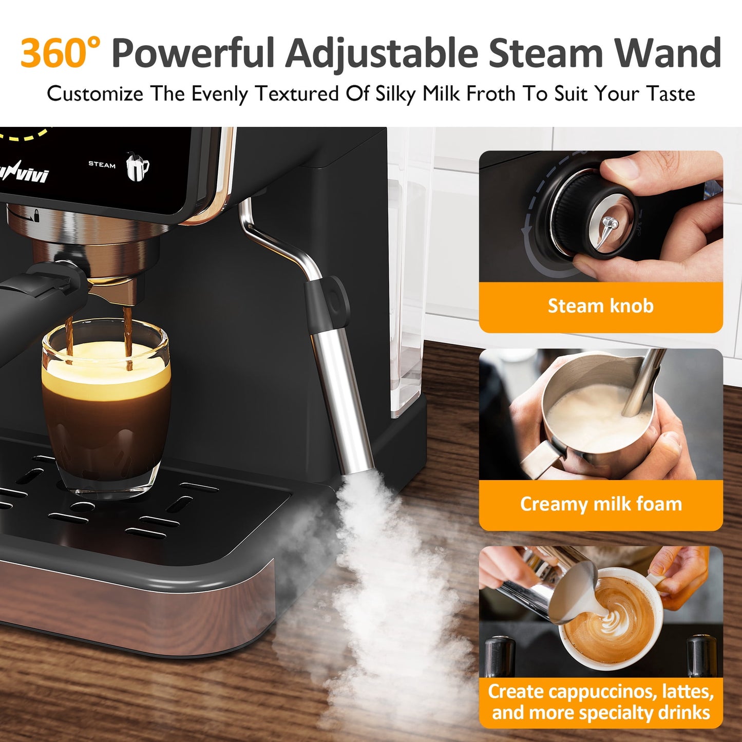 Heynemo 20 Bar Espresso Machine, 3-in-1 Hot & Iced Coffee Maker with Milk Frother, LED Touch Control, Removable 52oz Water Tank