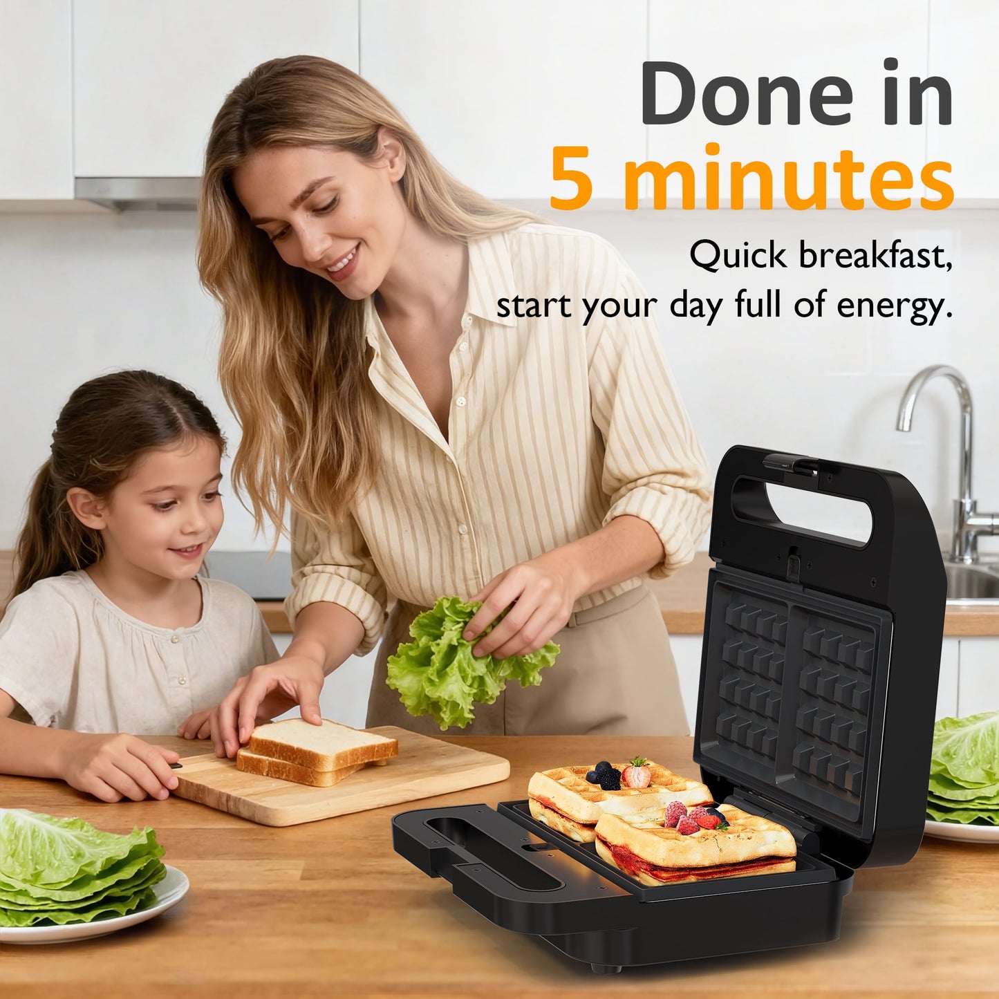Heynemo Versatile 3-in-1 Waffle Maker & Panini Press, 1000W Electric Sandwich Maker with Removable Non-Stick Plates, Tempered Glass Lid, Cool Touch Handle & Easy Cleanup-2