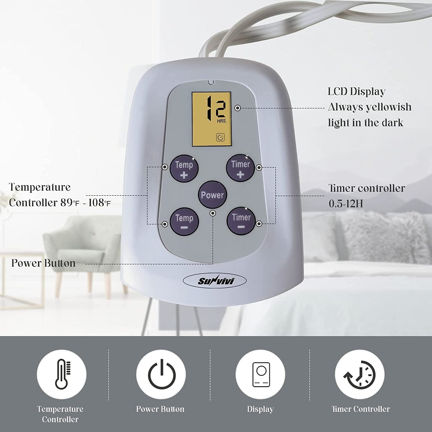 SUNVIVI Electric Blanket Queen Size with Dual Controllers,10 Heating Levels& 12 hours Auto-off,Overheat Protection,Red-3