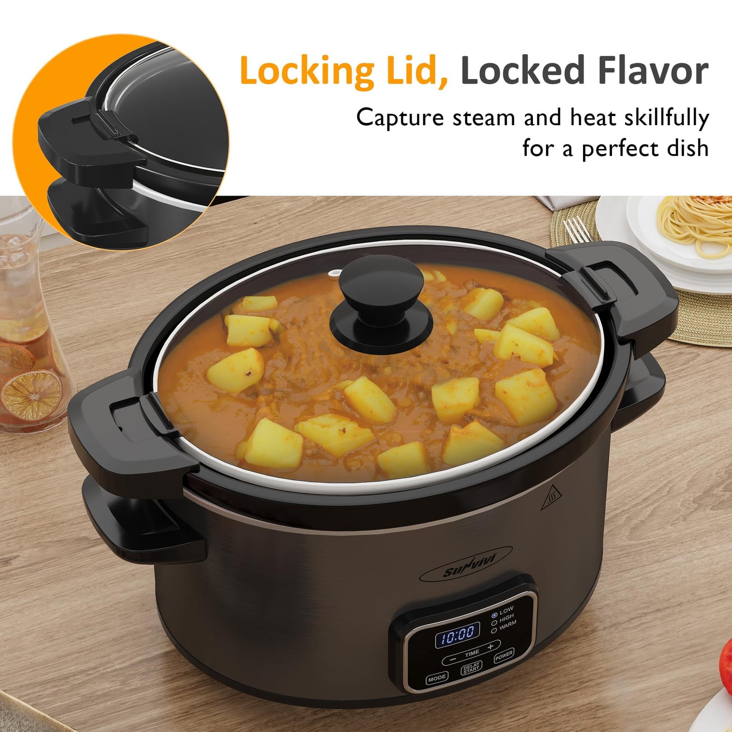 Heynemo 4QT Slow Cooker, Programmable Pot with Locking Lid, Removable Ceramic Pot, 3 Heating Settings & Time Control,Dishwasher-safe Lid & Pot, Grey