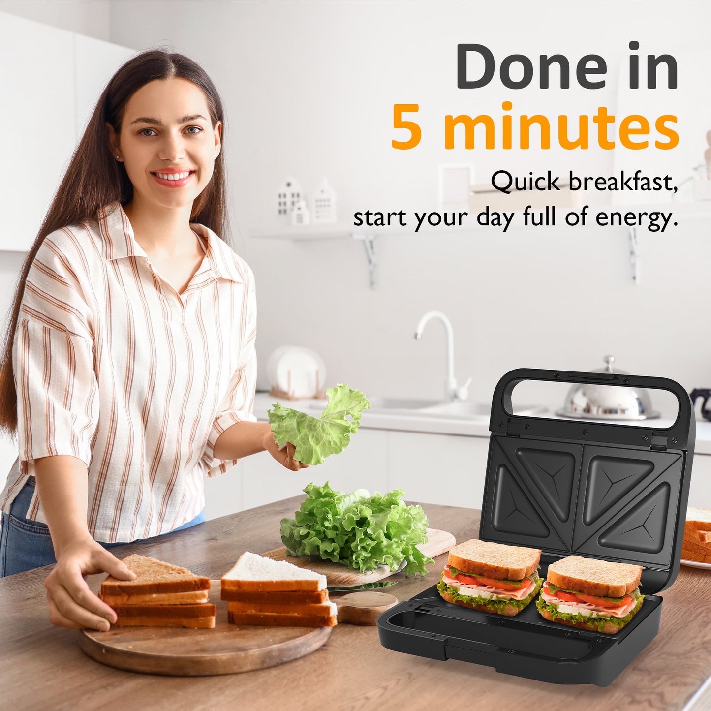 Heynemo Versatile 3-in-1 Waffle Maker & Panini Press, 850W Electric Sandwich Maker with Removable Non-Stick Plates, Tempered Glass Lid, Cool Touch Handle & Easy Cleanup