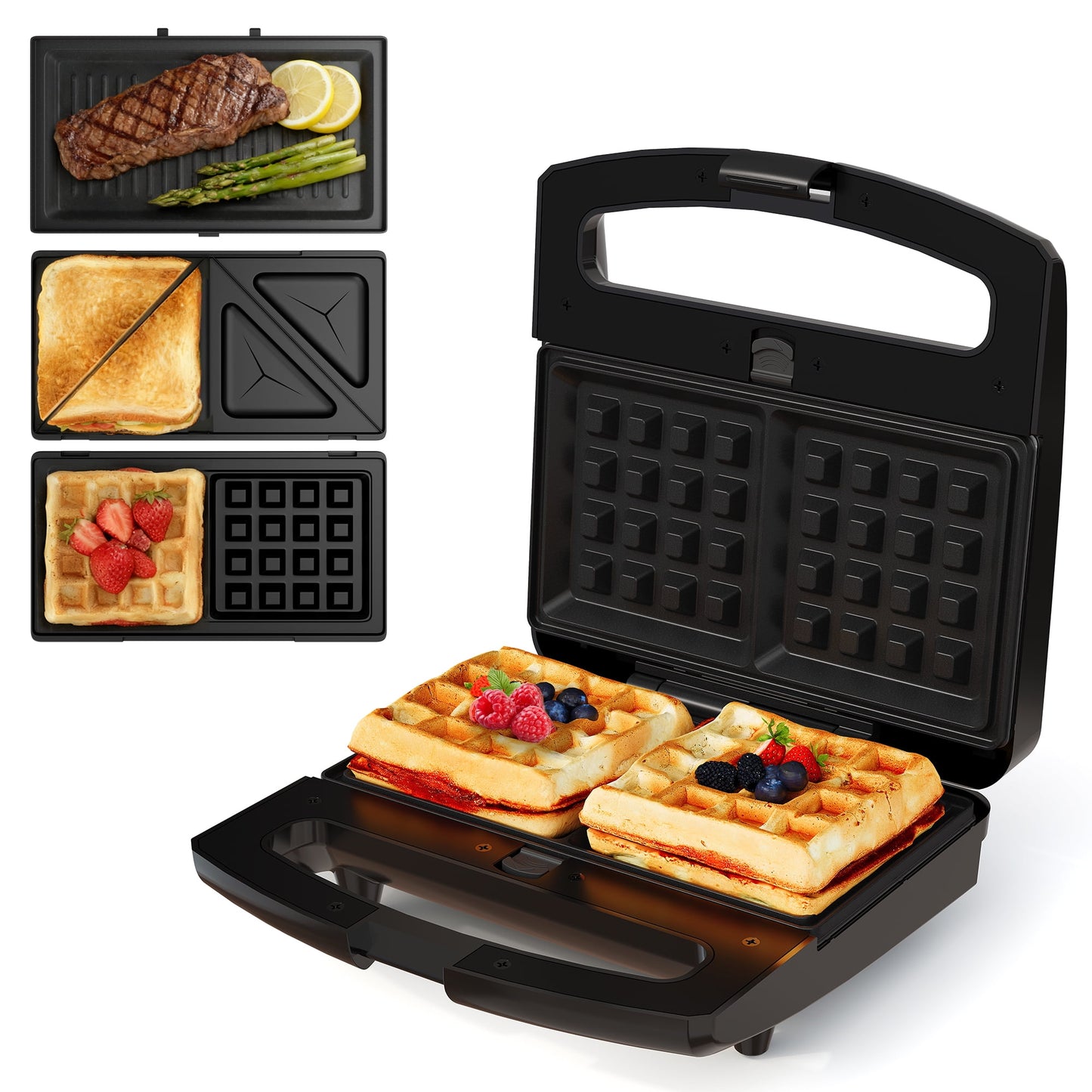 Heynemo Versatile 3-in-1 Waffle Maker & Panini Press, 800W Electric Sandwich Maker with Removable Non-Stick Plates, Tempered Glass Lid, Cool Touch Handle & Easy Cleanup