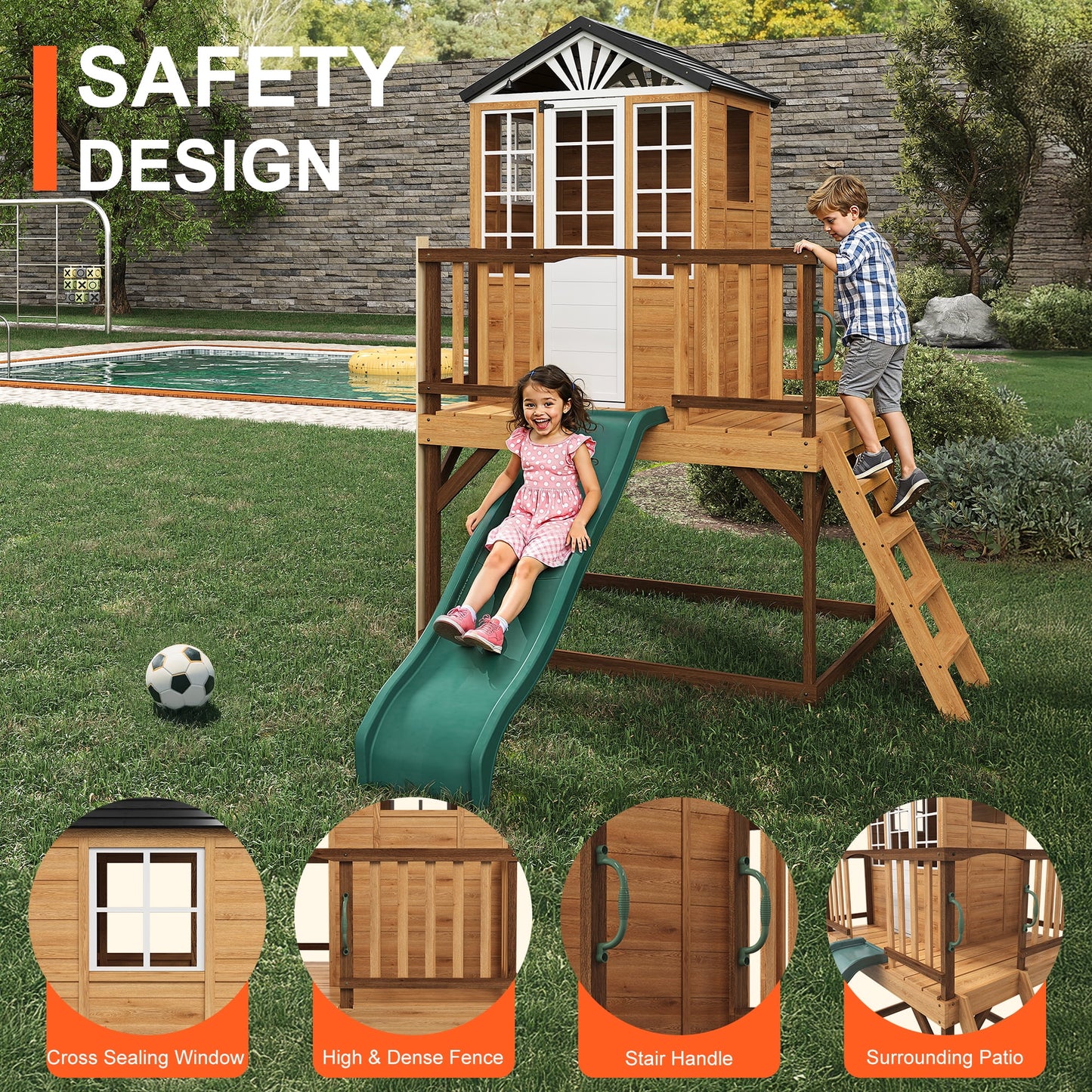 Heynemo All-in-One Backyard Playset for Kids 3-10: 9-in-1 Wooden Playhouse with Slide, Sandbox & Pretend Kitchen for Imaginative Outdoor Fun