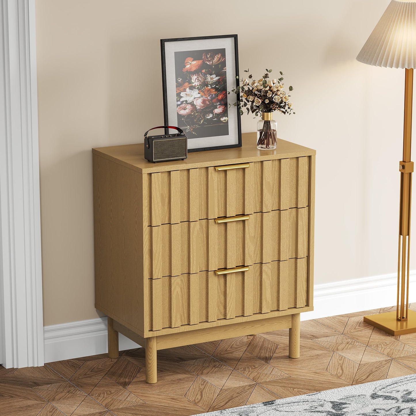 Heynemo Fluted 3 Drawer Dresser Set of 2, Wood Closet Organizer for Bedroom, Living Room, Entryway, Natural Wood Tone