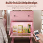 Heynemo Pink Nightstand with LED Light Strips 360¡ã Rotating Drawer, Modern End Table with Glass Door Storage, Wood Bedside Table Cabinet for Living Room, Bedroom