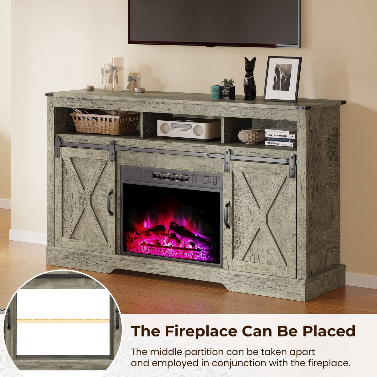 May in Color Adjustable Television Stands, Wood Light Grey, 58" x 16" x 34", 109 lbs