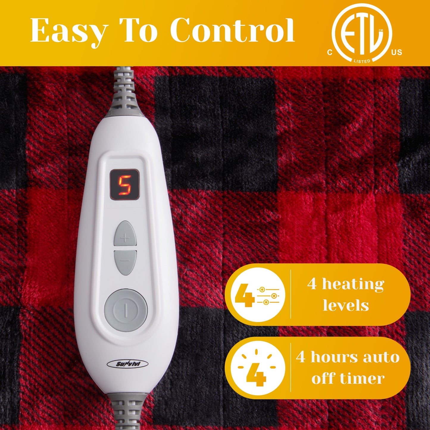 Heynemo Electric Throw Heated Blanket, Double-Layer Flannel, 4 Heat Settings and Auto-off, 60" x 50", Red Plaid