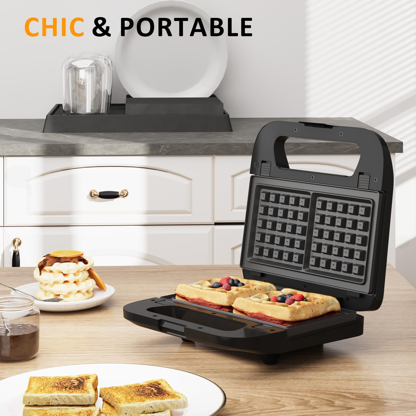 Sunvivi 3 in 1 Electric Sandwich Maker with Removable Non-Stick Plates, Indicator Lights & Cool Touch Handle, 750W, Black
