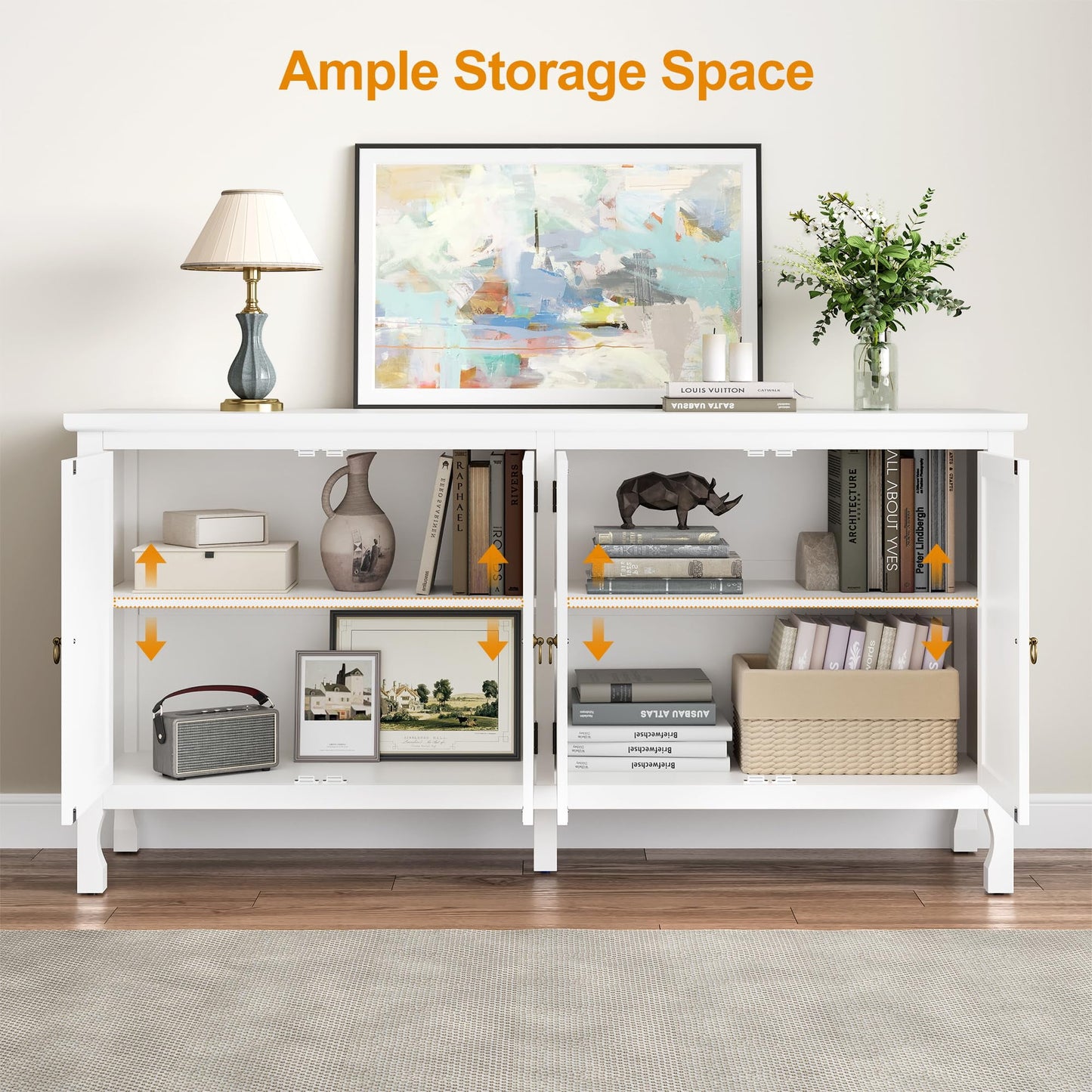 Heynemo Carved Sideboard Cabinet with Storage, 63'' Modern Buffet Cabinet with Mirrored Door and Adjustable Shelves, Accent Cabinet for Entryway, Dining Room, Living Room, White