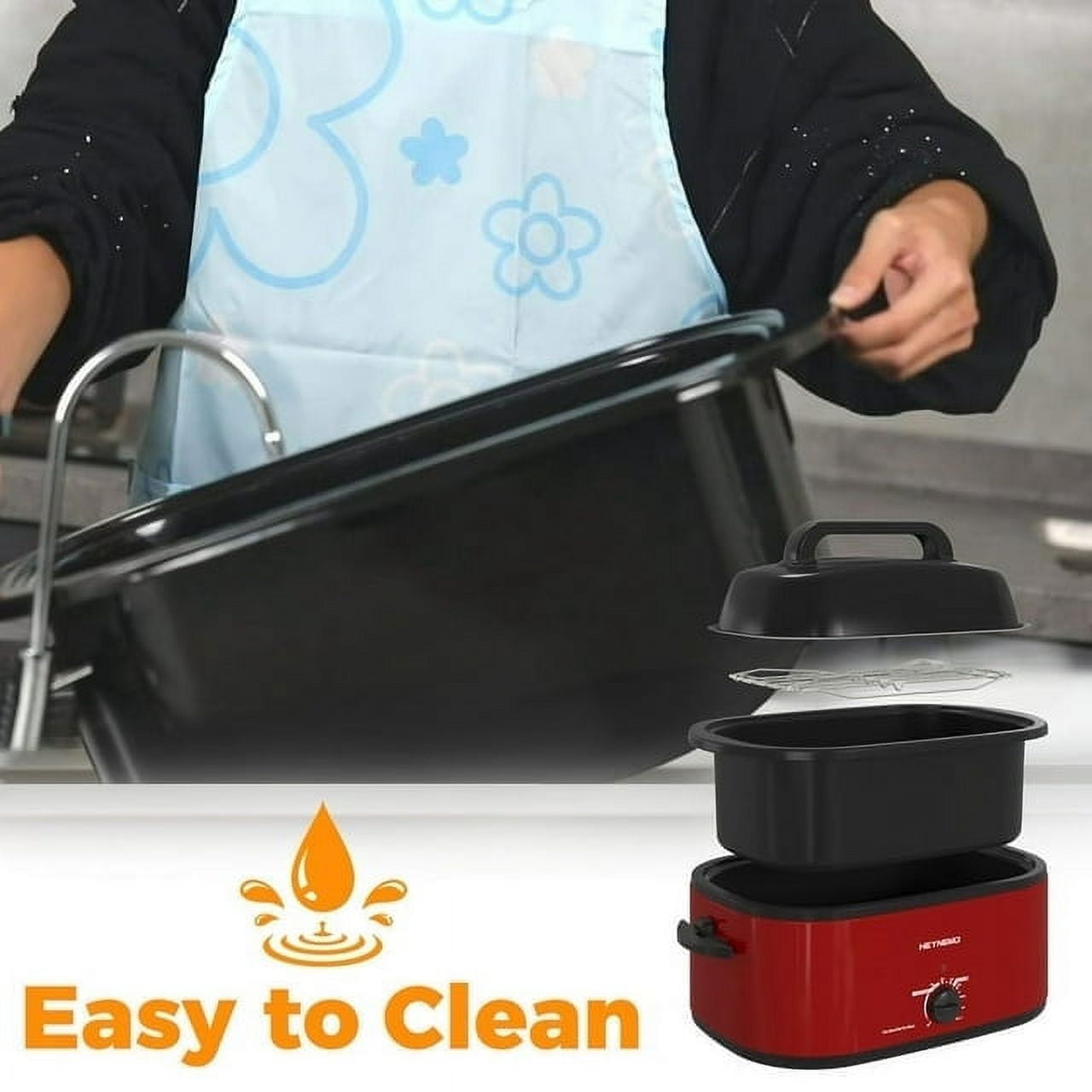 24 Quart Electric Roaster Oven, Stainless Steel Buffet Turkey Roaster Oven with Self-Basting Lid Removable Pan, Red