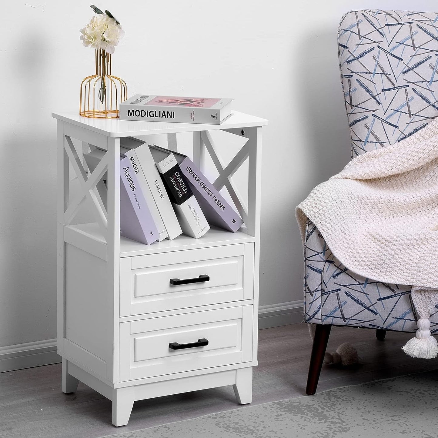 RoyalCraft White Nightstand Set of 2, Wood X-Design Tall Nightstand with 2 Drawers, Modern Side Tables with Storage, Bedside End Tables for Bedroom, Living Room