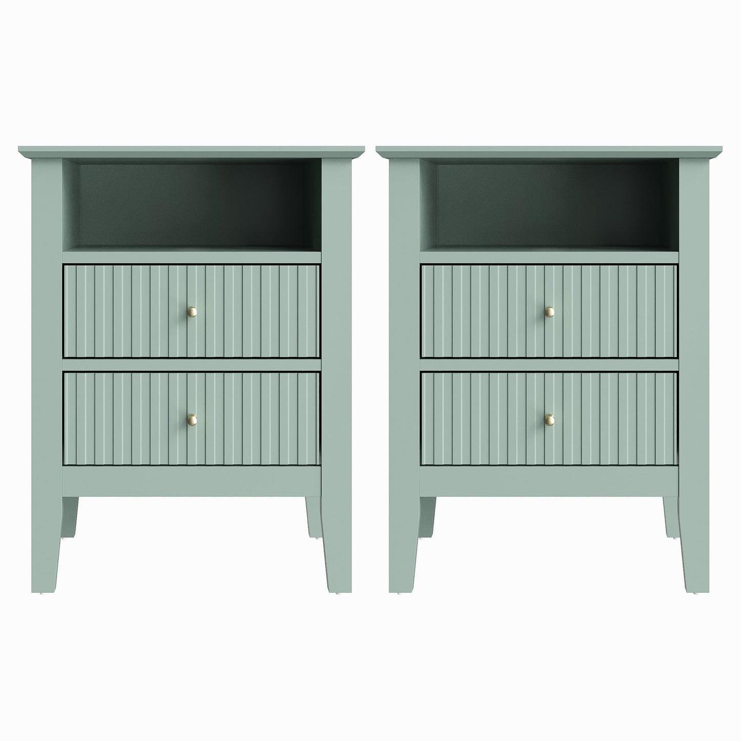 May in Color Green Fluted Nightstand with 2 Drawers Set of 2, Modern Wooden Sofa Table with Storage for Small Spaces, Tall End Table for Bedroom,Living Room, Couch Coffee Table