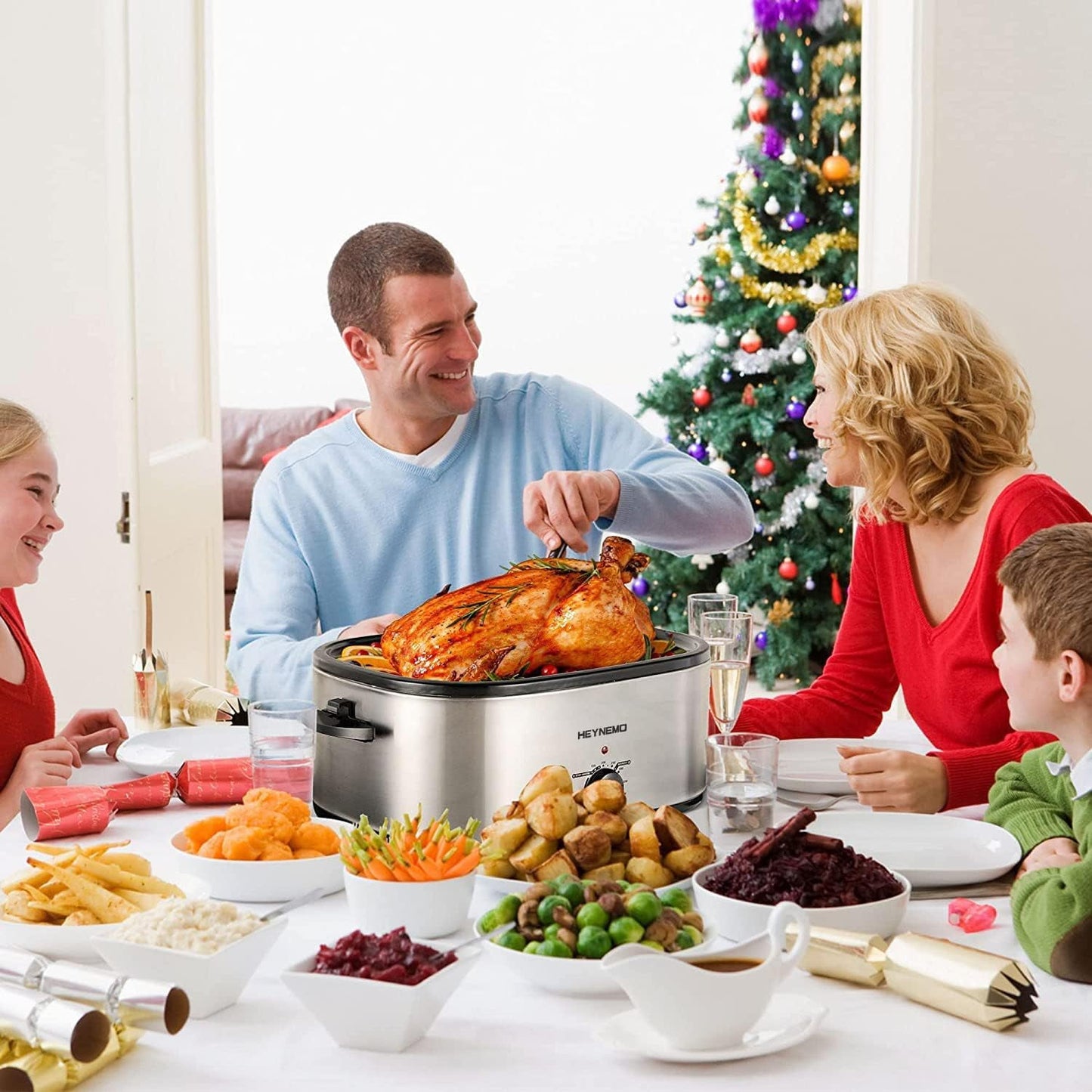 Superjoe 22 Quart Roaster Oven with Self-Basting Lid, Turkey Roaster Oven with Removable Insert Pot, Stainless Steel Silver