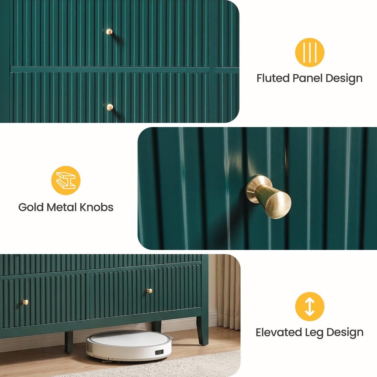 May in Color Fluted 6 Drawer Dresser, Wide Modern Chest of Drawers, Large Wood Storage Cabinet Organizer for Bedroom, Living Room, Hallway, Entryway, Green
