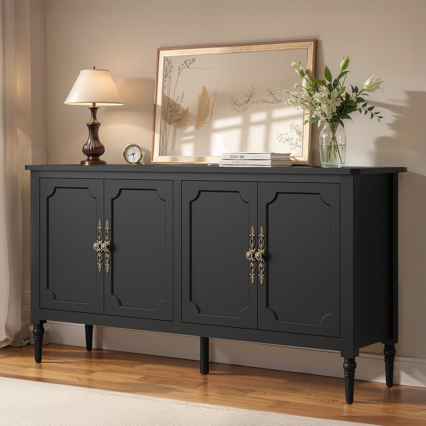 May in Color 58" Wood Buffet Cabinet, Mid-Century Modern Console Cabinet, with 4 Door & Media Storage, for Entryway, Living Room, Dining Room, Bedroom, Black