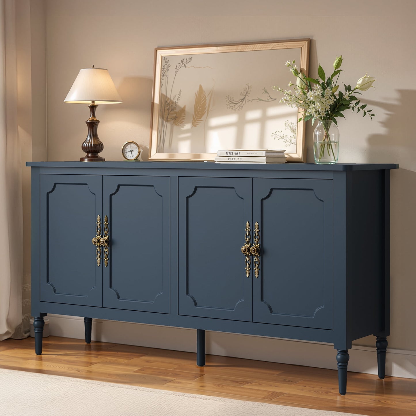 May in Color 58" Wood Buffet Cabinet, Mid-Century Modern Console Cabinet, with 4 Door & Media Storage, for Entryway, Living Room, Dining Room, Bedroom, Blue