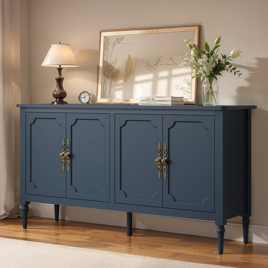 May in Color 58" Wood Buffet Cabinet, Mid-Century Modern Console Cabinet, with 4 Door & Media Storage, for Entryway, Living Room, Dining Room, Bedroom, Blue