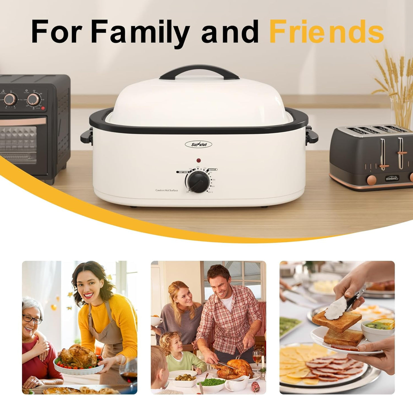 Superjoe 20 Quart Electric Roaster Oven with Self-Basting Lid, Turkey Roaster Oven Buffet with Removable Pan, Cool-Touch Handles, White