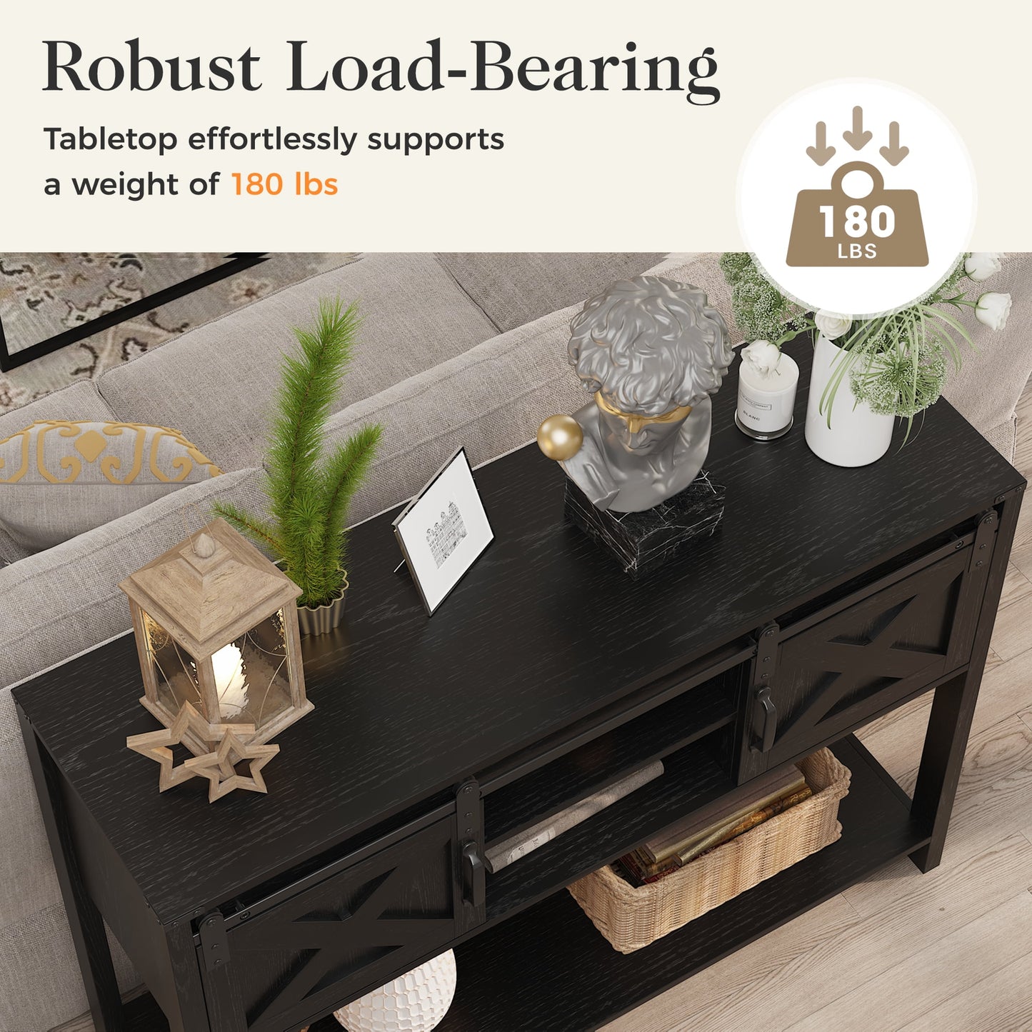 RoyalCraft Farmhouse Fireplace TV Stand for 65+ Inch TV, Entertainment Center with 23" Electric Fireplace with Remote, Modern Rustic TV Console with Sliding Bar Door for Living Room, Black