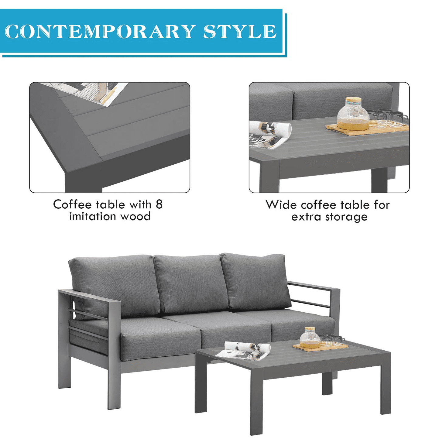 Heynemo 4 Pcs Outdoor Furniture Sofa Set Aluminum Patio Conversation Set With Coffee Table and 5 Inches Cushions, Gray