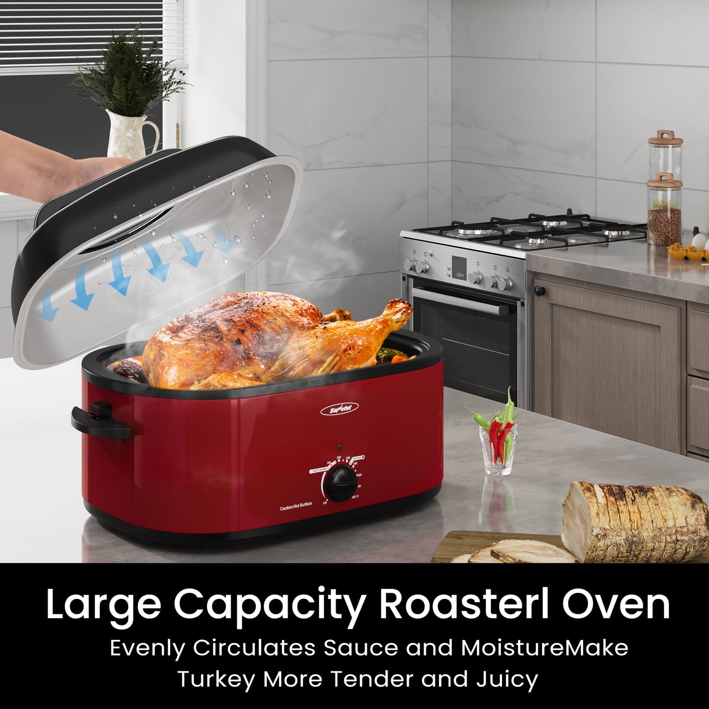 Sunvivi Roaster Oven with Self-Basting Lid, 22qt Electric Roaster with Removable Pan & Rack, Turkey Roaster Oven with Defrost & Warm Function, Stainless Steel, Red