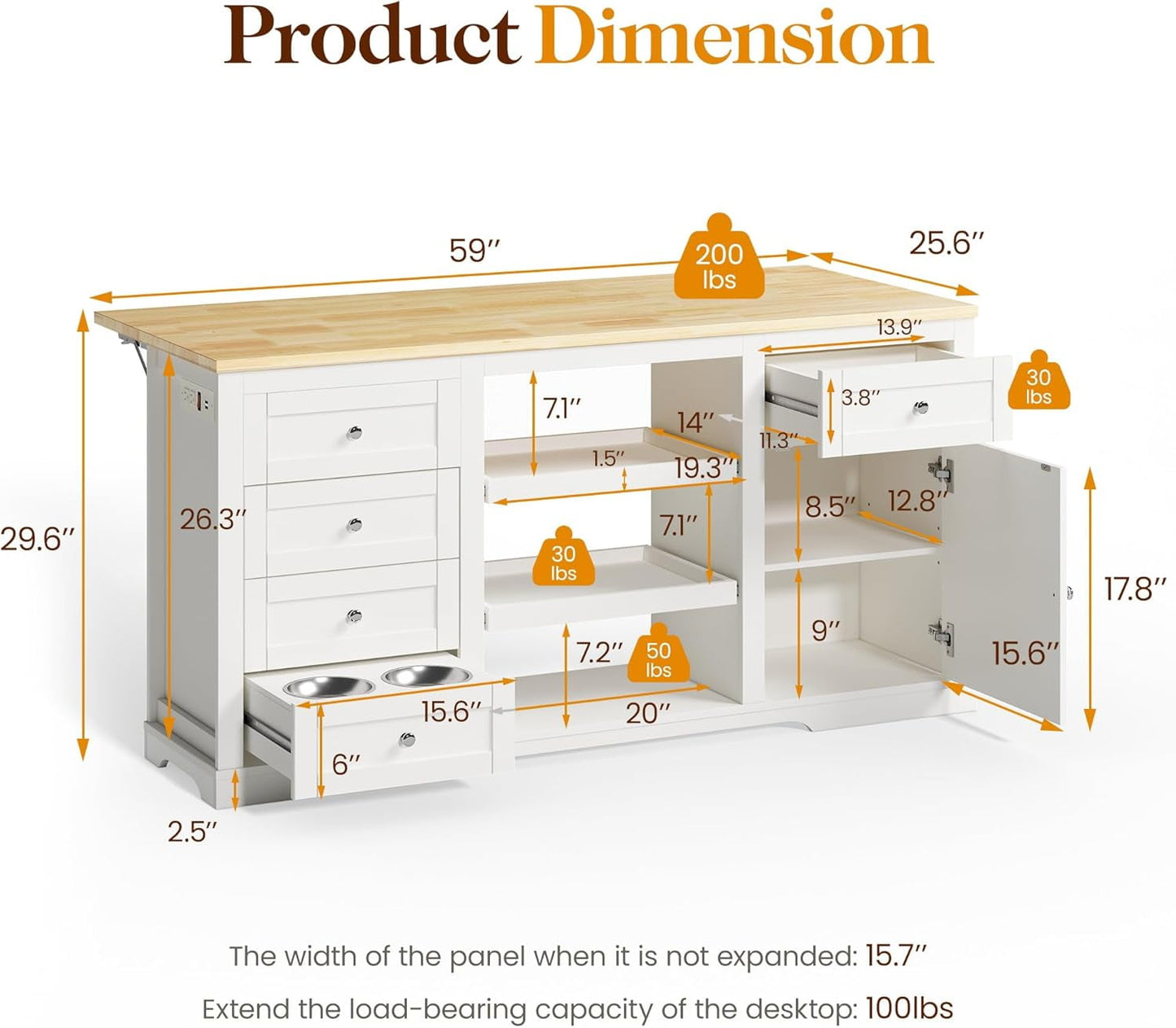 May in Color Modern 59" Kitchen Island with Storage and Drop-Leaf, Wood Island for Kitchen, White