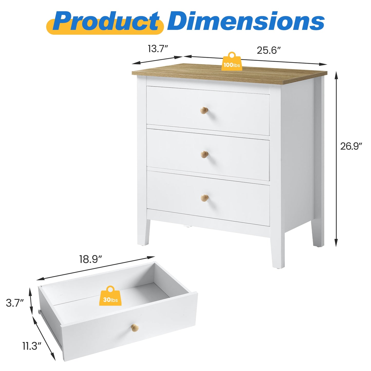 May in Color Large Nightstand with 3 Spacious Drawers, Modern Bedside Table with Solid Wood Knobs for Bedroom Living Room