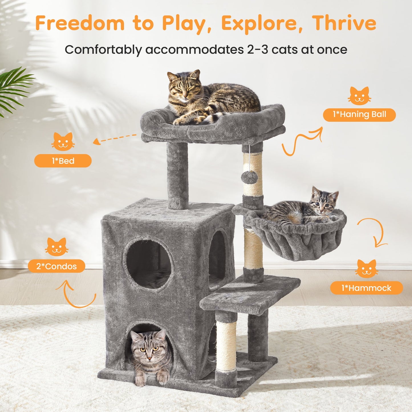Heynemo Multi-Level Cat Tree Tower for Large Cats with Scratching Posts, Condos, Perch, Hammocks & Toys ÿ Modern Indoor Cat Jungle Gym for 2ÿ3 Cats, 19.7" x 15.7" x 35.8", Grey