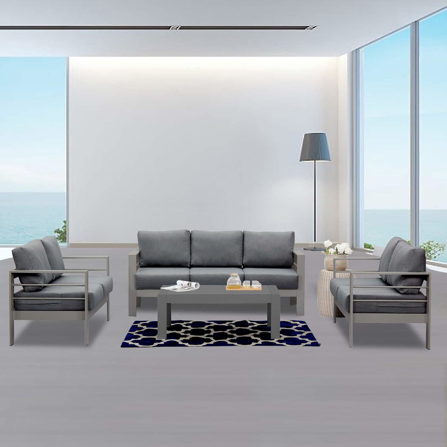 Heynemo 4 Pcs Outdoor Furniture Sofa Set Aluminum Patio Conversation Set With Coffee Table and 5 Inches Cushions, Gray