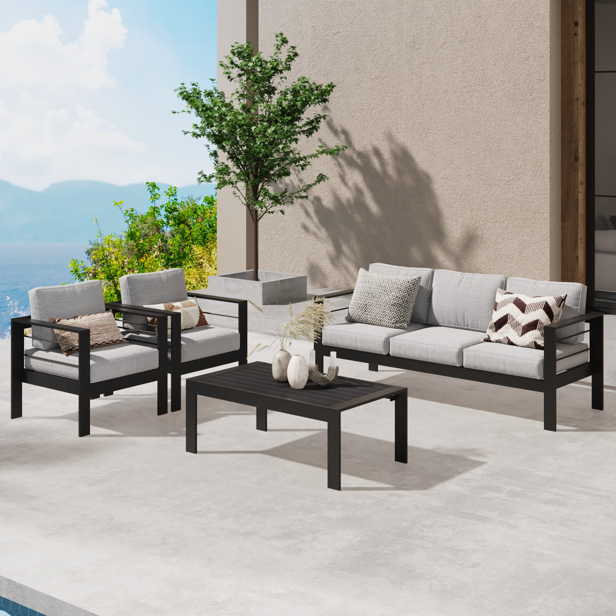 Mayincolor Patio Furniture Aluminum Sofa, All-Weather Outdoor 3 Seats Couch, Gray Metal Chair with Dark Grey Cushions