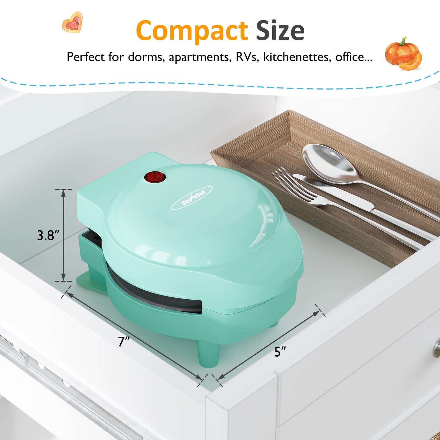 Sunvivi 6 in 1 Mini Waffle Maker, 4¡± Waffle Iron with Removable Non-stick Plates, Perfect Mini Waffle Maker for Kids and Families, Light Blue