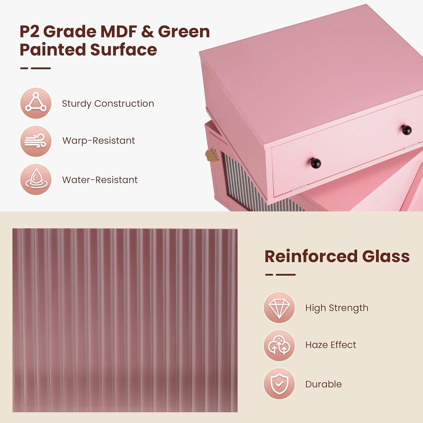 RoyalCraft Nightstand with LED Light Strips, Rotating Drawer & Glass Door Storage, Pink