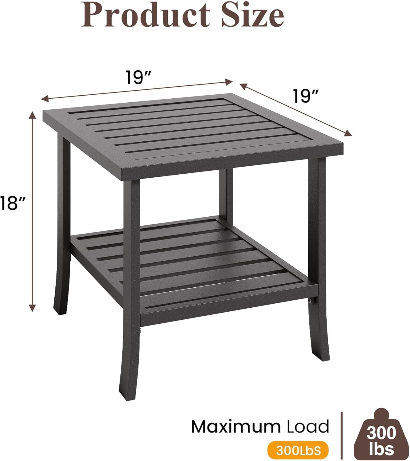 Heynemo 2-Tier Storage Square Patio Side Table, Outdoor Coffee Table, All-Weather Metal Patio End Table for Porch Backyard Garden, Black