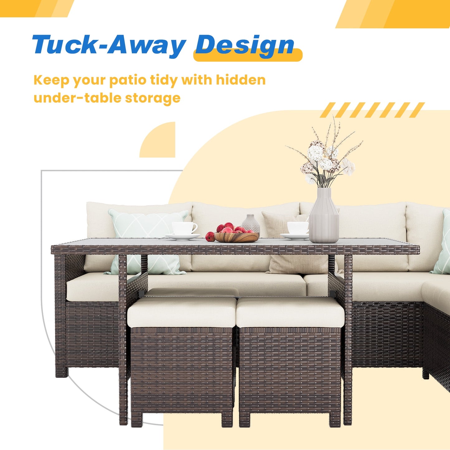 Superjoe High Curved Back 7-Piece Wicker Dining Sectional Sofa with Dining Table and Chair, Ivory