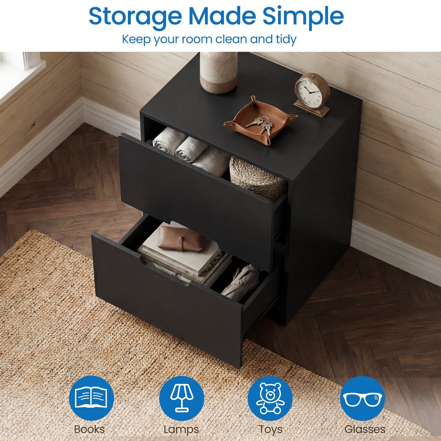 May in Color 2-Drawer Nightstand Set of 2, Handless Bedside Table for Bedroom, Living Room, Hallway, Black