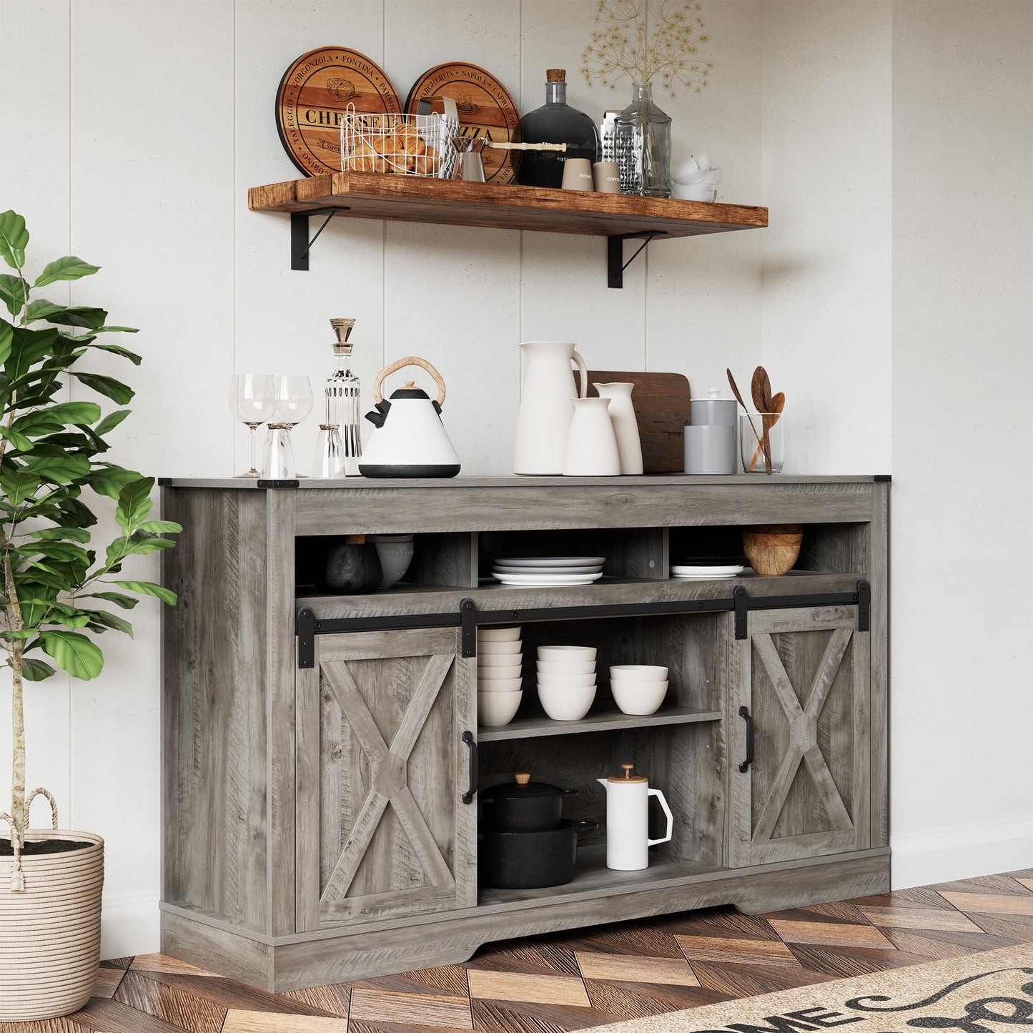 Heynemo Farmhouse TV Stand for TVs up to 70", Modern Entertainment Center with Sliding Barn Doors, Media Console Storage Cabinet for Living Room Bedroom, Light Grey