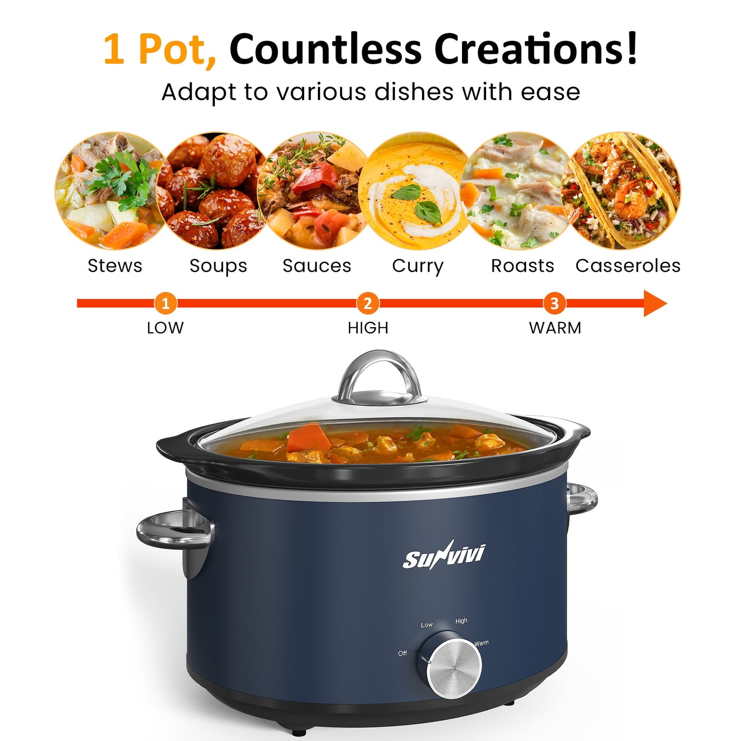 4QT Compact Slow Cooker & Food Warmer with 3 Temperature Settings, Removable Ceramic Pot, Dishwasher-Safe Glass Lid, Stainless Steel - Available in Black, Silver, and Blue-2
