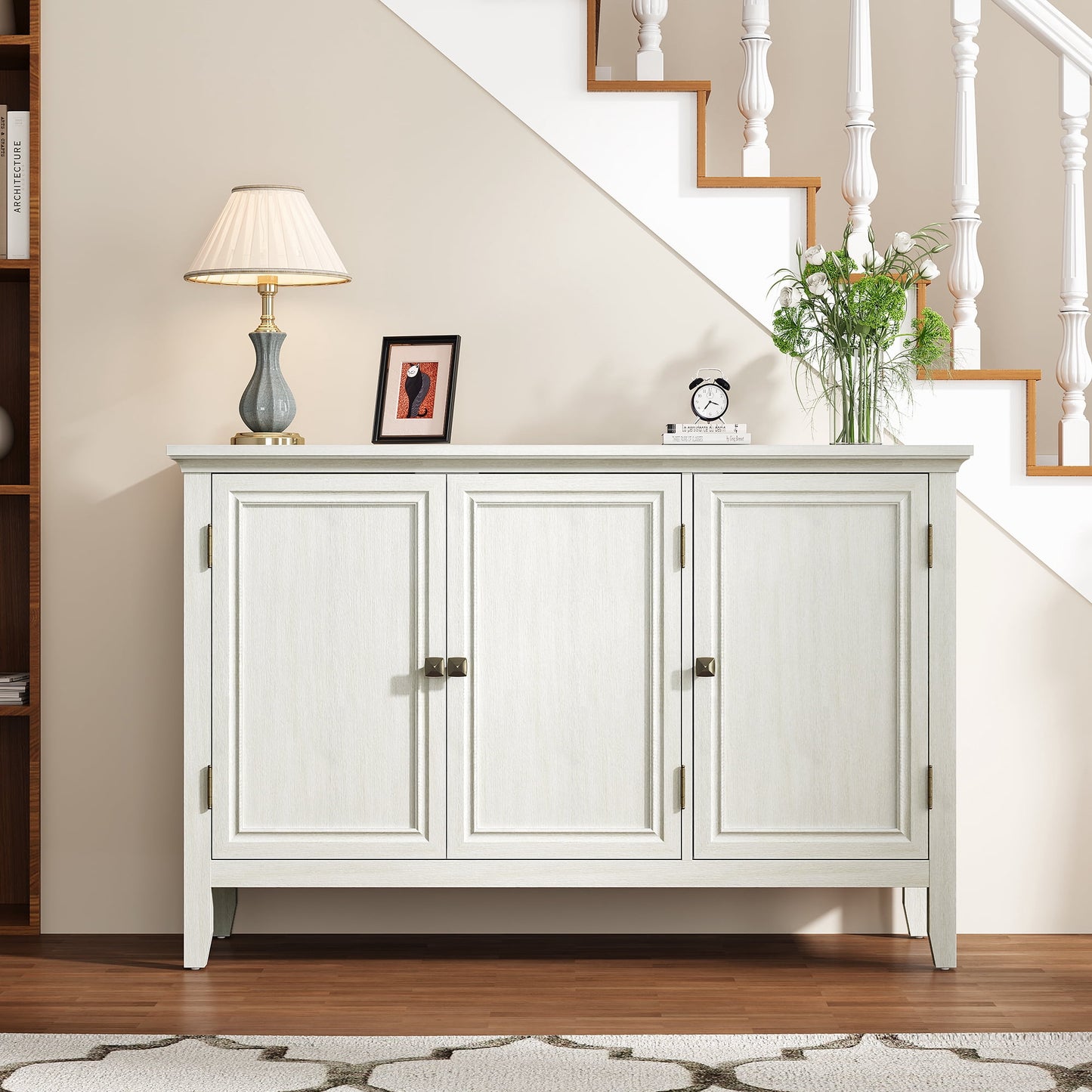 May in Color 3-Door Buffet Cabinet with Storage, Bohemian Sideboard with Adjustable Shelves, Wood Credenza Cabinet, Console Table for Bedroom, Living Room, Dining Room, Hallway, Grayish-White