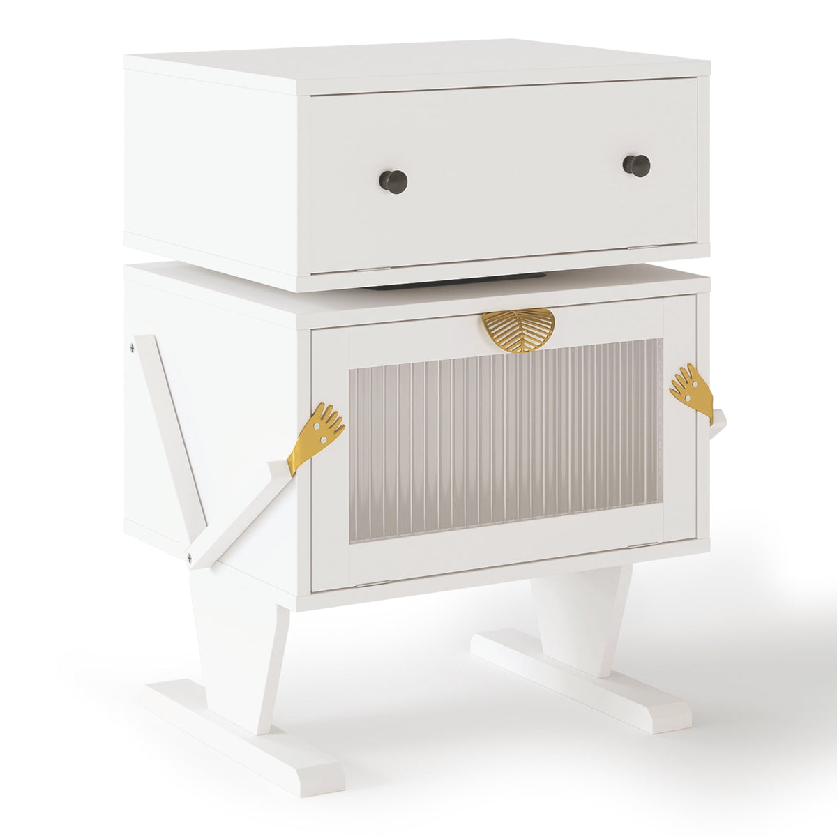 May in Color White Nightstand with LED Light Strips, Modern End Table with 360¡ã Rotating Drawer, Bedside Table with Glass Door Storage, Wood Night Stand Cabinet for Living Room, Bedroom, Nursery