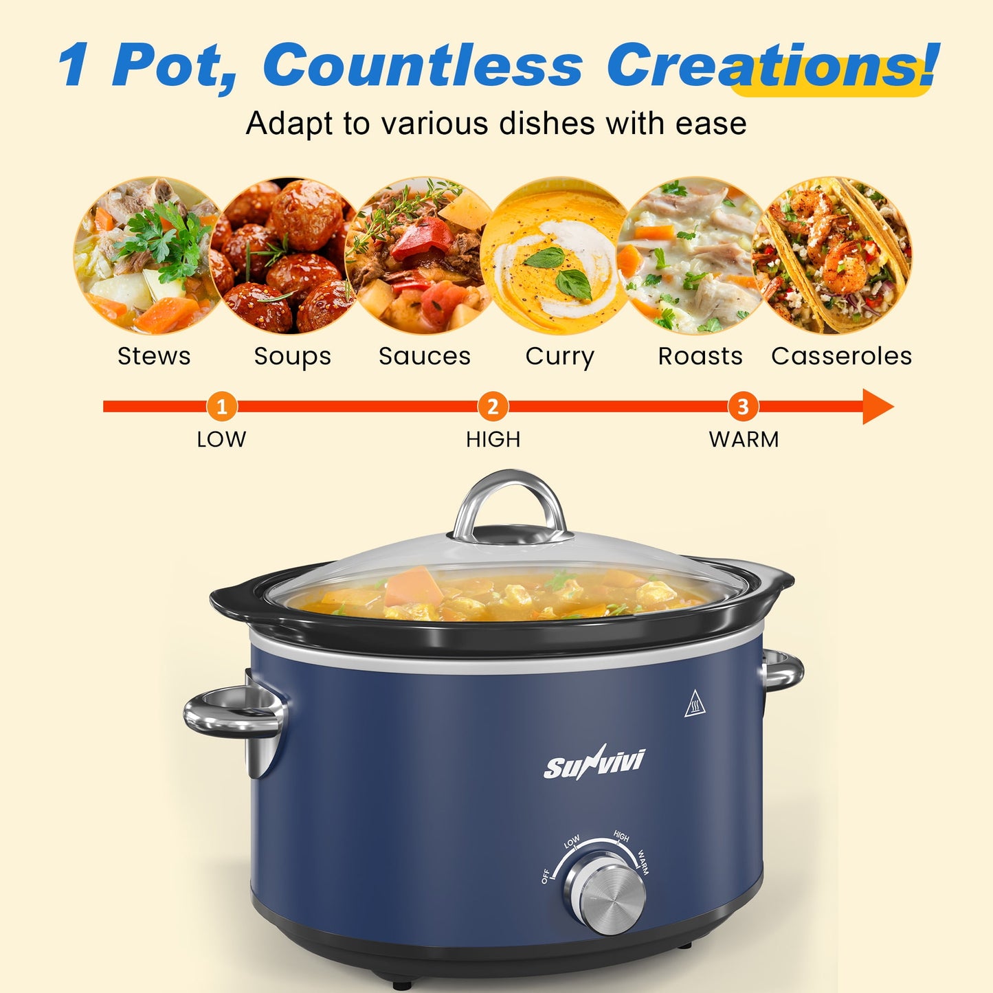 Heynemo 4 Quart Slow Cooker, Mini Food Warmer with Removable Ceramic Pot, 3 Heat Settings, Dishwasher Safe Lid, Stainless Steel, Blue-2