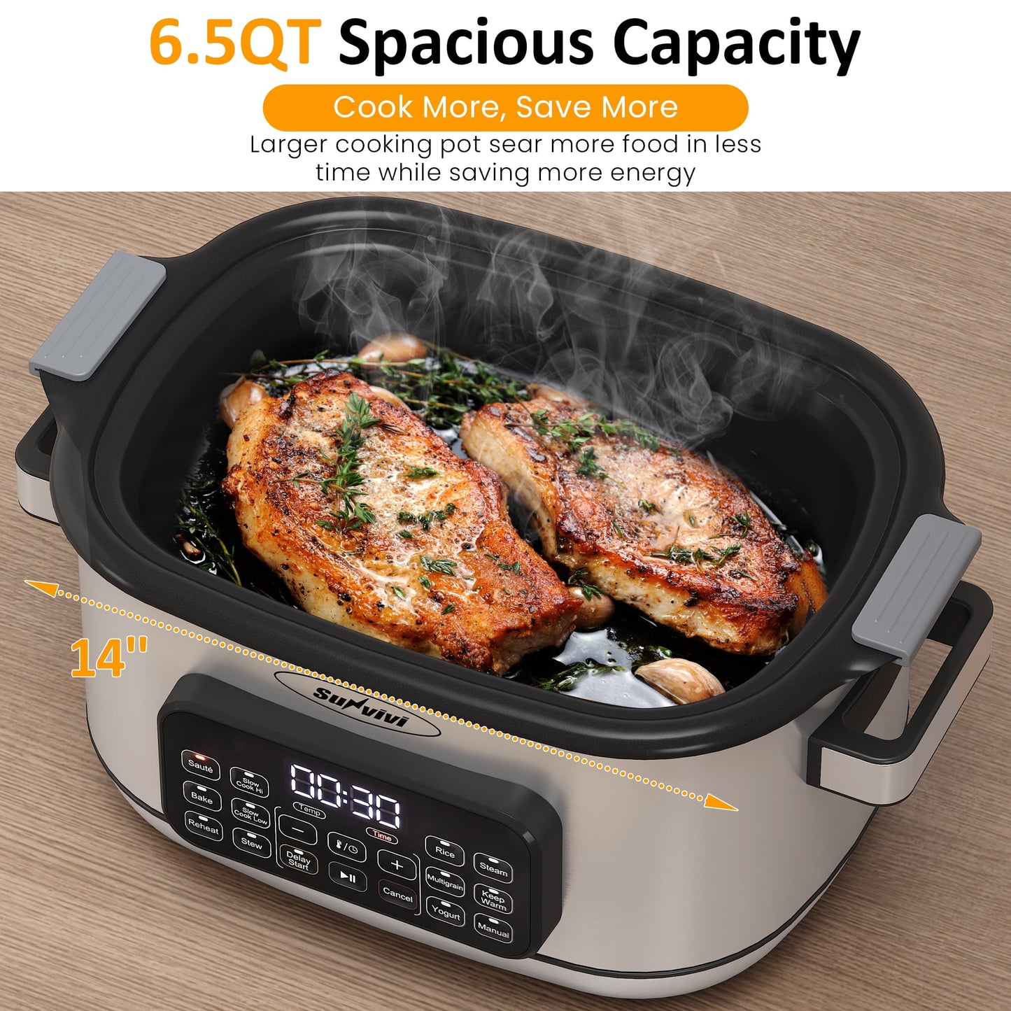 Sunvivi 6.5QT 12-in-1 Programmable Multi Slow Cooker, Food Warmer Pot with Digital Timer, Temp Control