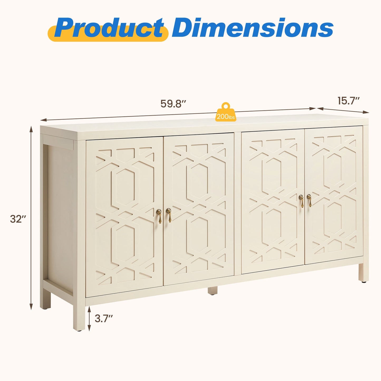 May in Color 60'' Modern Sideboard Cabinet with Adjustable Shelves and 4 Doors, Ideal for Entryway, Living Room, Dining Room, Bedroom, Beige