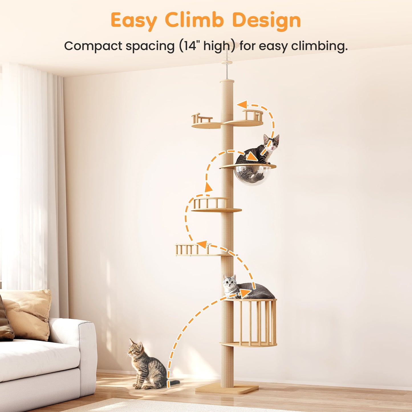 Heynemo Floor to Ceiling Cat Tree Tower Adjustable Height Multi-Level with Acrylic Capsule Sisal Scratching Posts Stable Stylish for Kittens & Large Cats