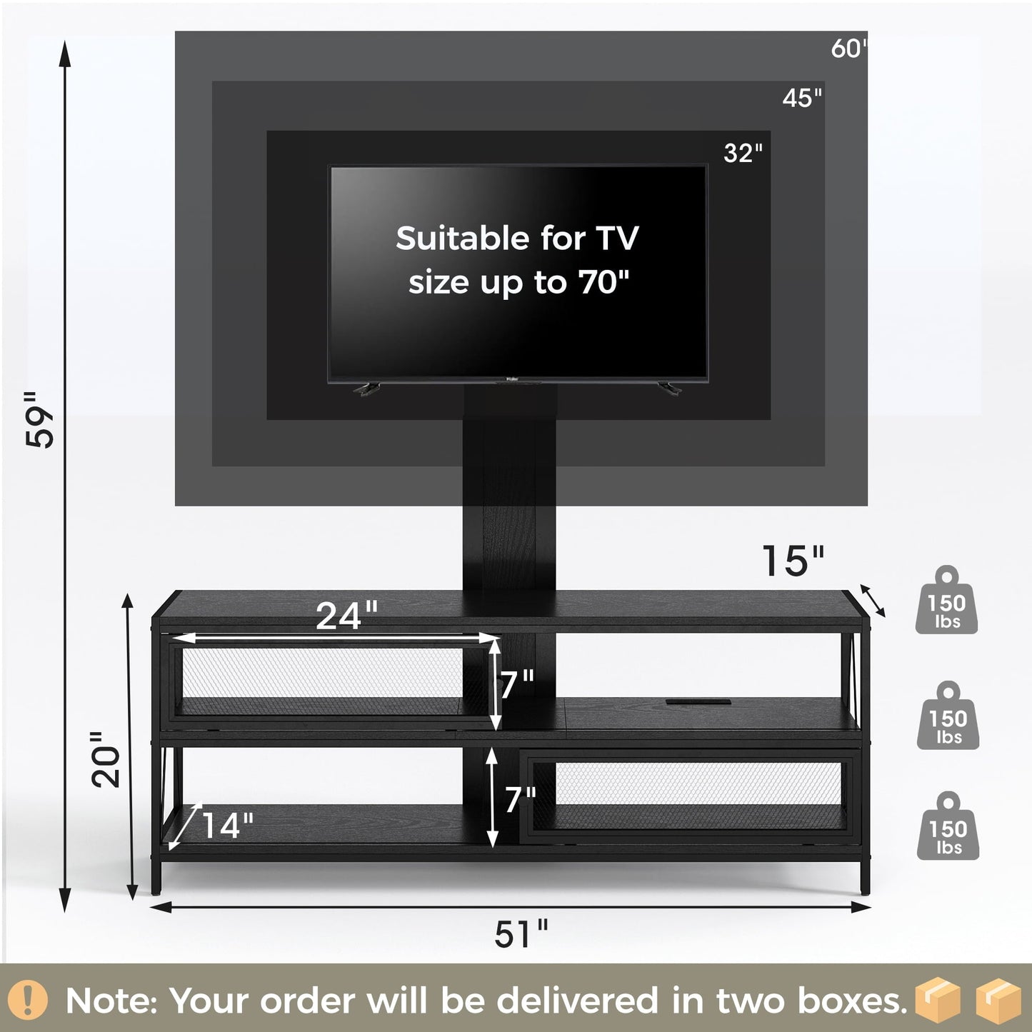 Royalcraft TV Stand with Mount and Power Outlet, 51" Swivel TV Stand Mount for 32/45/55/60/65/70 Inch TVs, LED Entertainment Center with Storage Shelves for Living Room, Bedroom, Office, Black