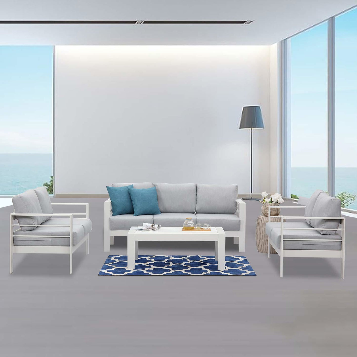 Heynemo 4 Pcs 7 Seats Outdoor Furniture Sofa Set Aluminum Patio Conversation Set With Coffee Table and 5 Inches Cushions, White