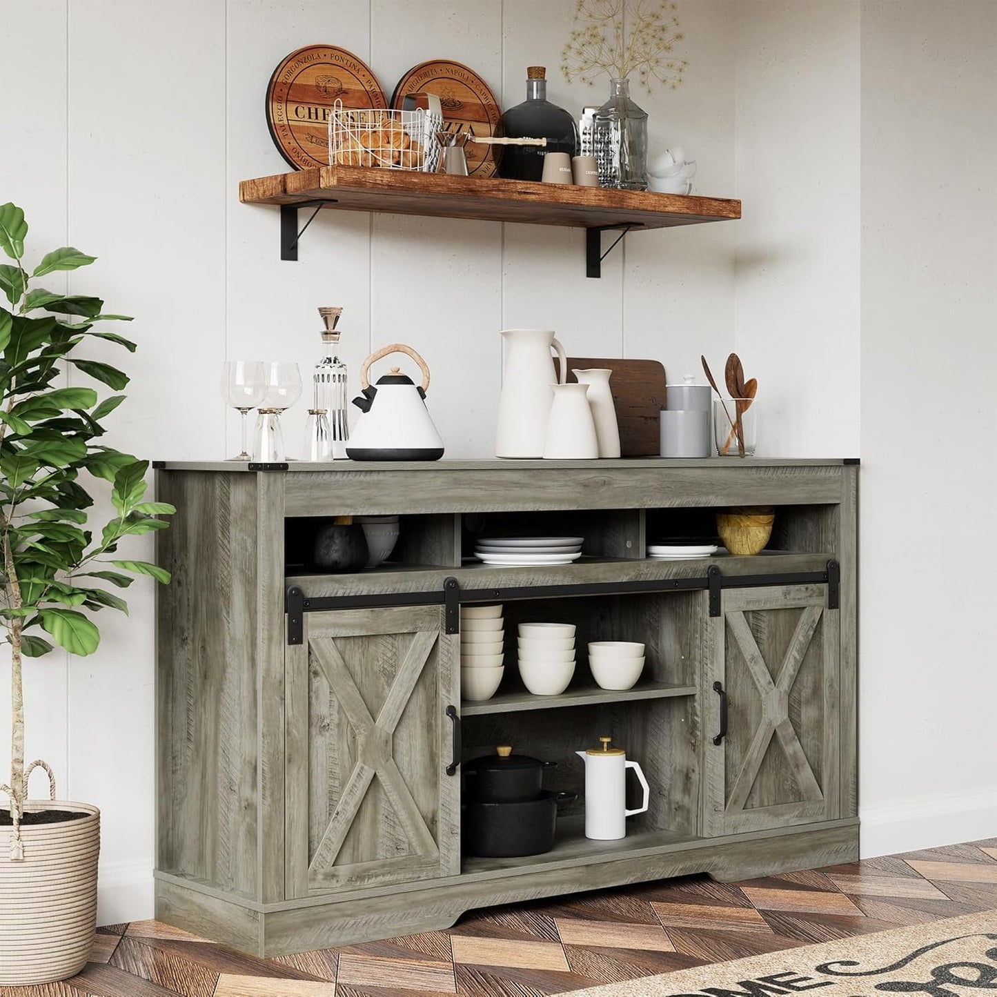 Heynemo Farmhouse TV Stand for 65+ Inch TV, Tall Entertainment Center with Storage Cabinets and Sliding Barn Doors, Mid Century Modern Media TV Console Table for Living Room (Light Rustic Oak)