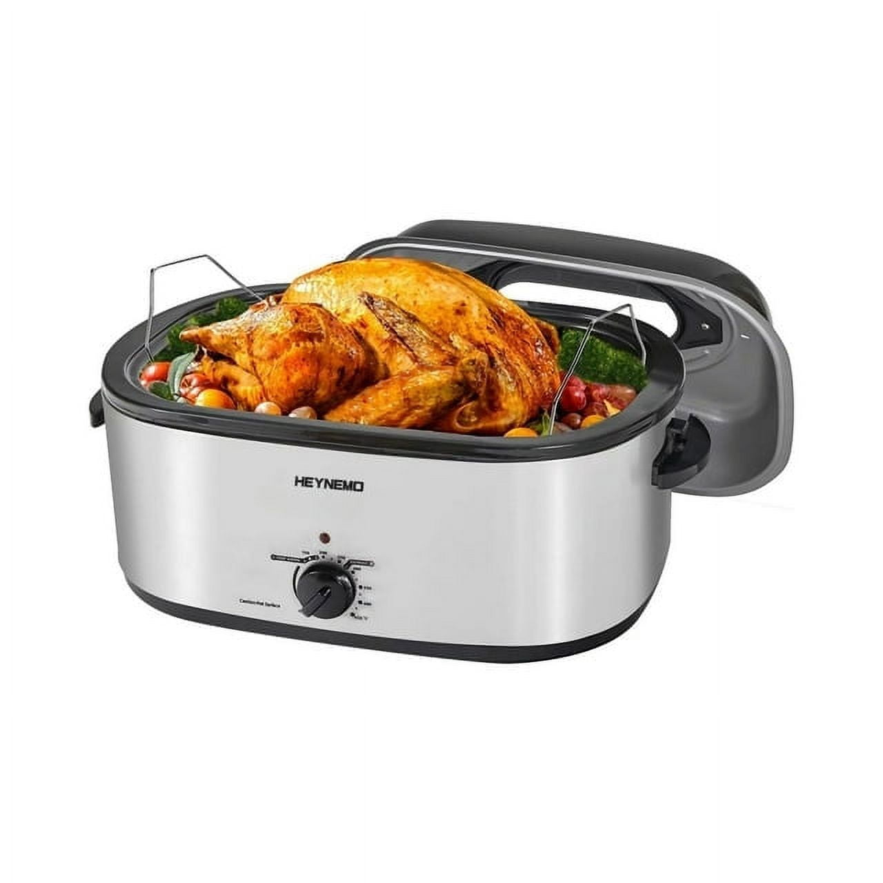 24 Quart Electric Roaster Oven, Stainless Steel Buffet Turkey Roaster Oven with Self-Basting Lid Removable Pan, Silver